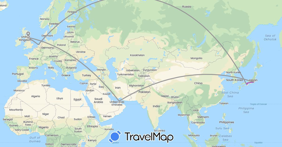 TravelMap itinerary: plane, train in United Arab Emirates, United Kingdom, Japan, Netherlands (Asia, Europe)