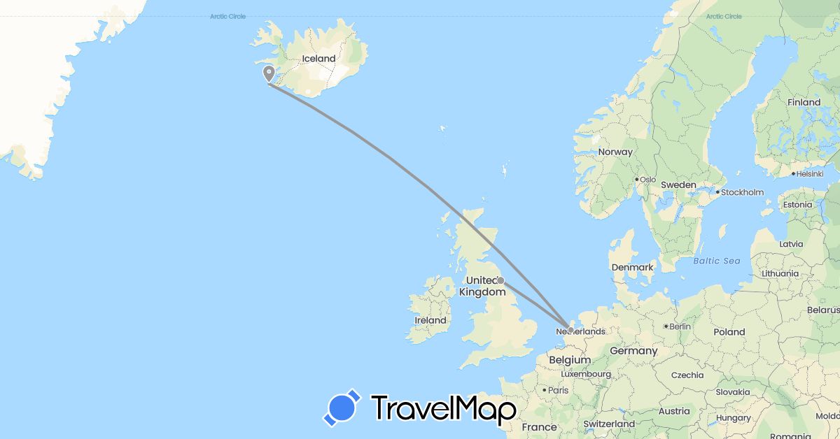 TravelMap itinerary: driving, plane in United Kingdom, Iceland, Netherlands (Europe)